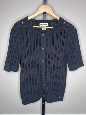 DKNY Jeans Black Pointelle Knit Short Sleeve Cardigan Sweater Size Large
